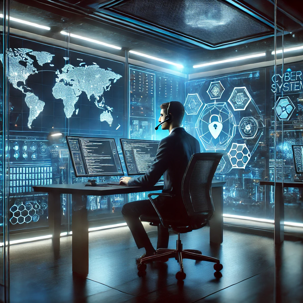 Advanced Cybersecurity IT Specialist in a Futuristic High-Tech Environmen